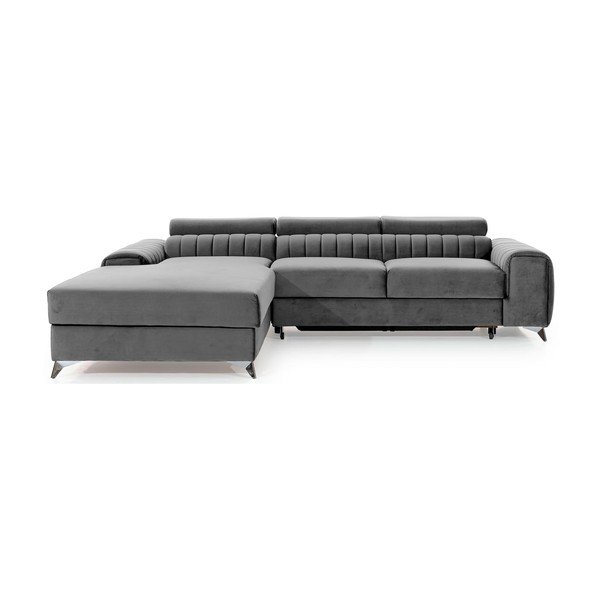 Pilkos spalvos iš velveto sulankstoma/su sandėliavimo vieta kampinė sofa (su kairiuoju kampu/su gultu) Grayson – ELTAP