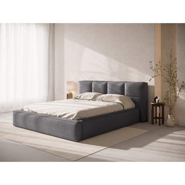 Tamsiai pilkos spalvos dvigulė lova audiniu dengta su sandėliavimo vieta su lovos grotelėmis 200x200 cm Simon Darren – Micadoni -image-1