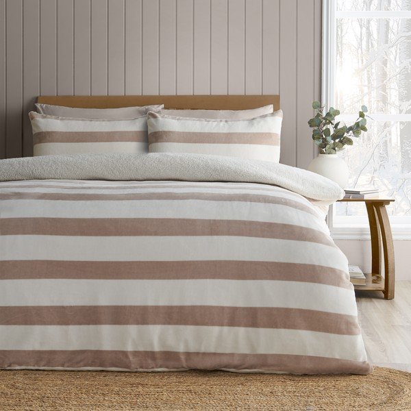 Natūralios spalvos iš sherpa vilnos viengulė patalynė 135x200 cm Cosy Sherpa Stripe – Catherine Lansfield-image-1