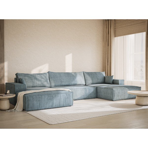 Šviesiai mėlynos spalvos sulankstoma/su sandėliavimo vieta kampinė sofa iš šenilinio audinio („U“ formos) Kyoto – Maison de Rêve-image-1