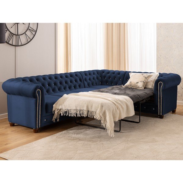 Mėlynos spalvos sulankstoma kampinė sofa iš velveto (su dešiniuoju kampu/„L“ formos) York Blik – Ropez-image-4