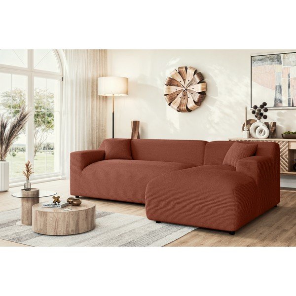 Raudonos plytų spalvos iš kordinio velveto kampinė sofa (su dešiniuoju kampu/su gultu) Martin – Ropez-image-1