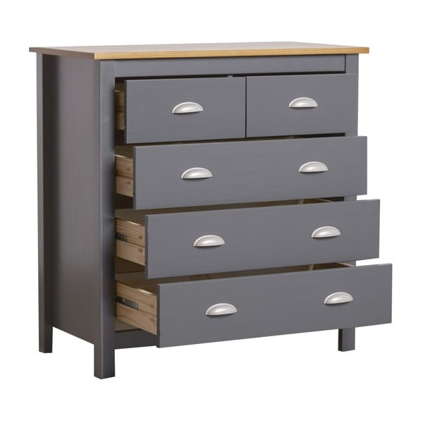 Antracito pilkos spalvos pušies masyvo komoda su 5 stalčiais "Marckeric Jade-image-4