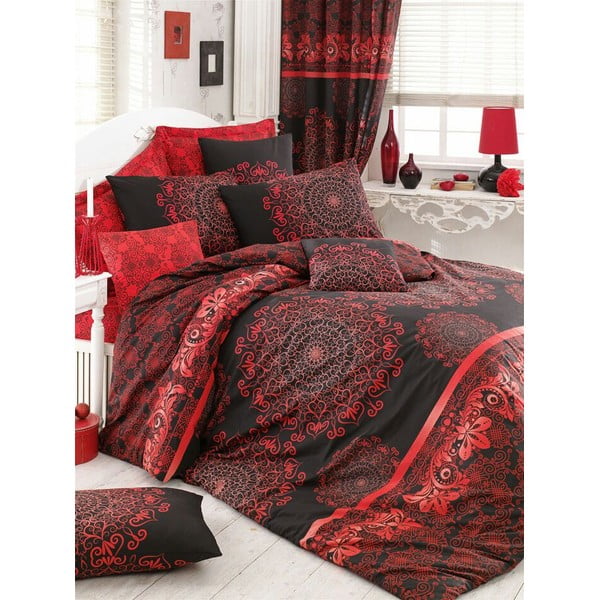 Raudonos ir juodos spalvos pailginta medvilninė patalynė dvigulei lovai su paklode ir užvalkalu 220x240 cm Osmanli – Mijolnir