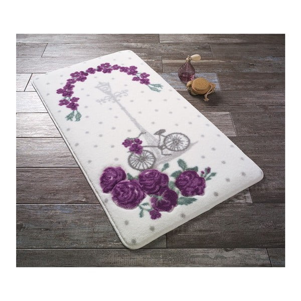 Baltas vonios kilimėlis su violetinėmis gėlėmis Konfeti Vonios kilimėliai Vintage Bike, 57 x 100 cm