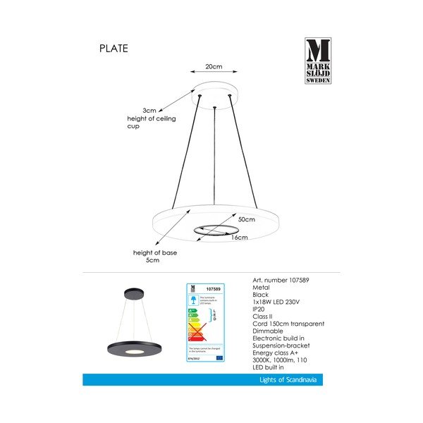 Juodas pakabinamas šviestuvas Markslöjd Plate, ø 50 cm-image-1