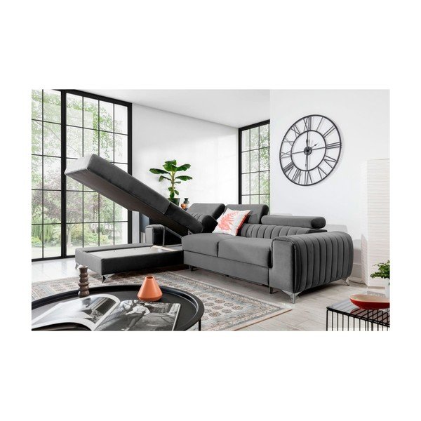 Pilkos spalvos iš velveto sulankstoma/su sandėliavimo vieta kampinė sofa (su kairiuoju kampu/su gultu) Grayson – ELTAP-image-3