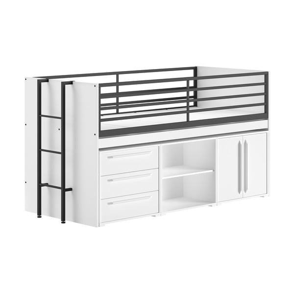 Baltos spalvos paaukštinta vaikiška lova su sandėliavimo vieta su lovos grotelėmis 90x200 cm Sam – Vipack