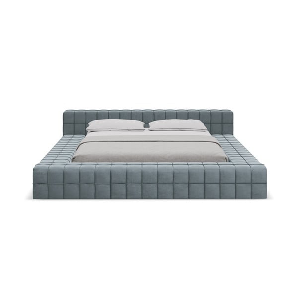 Šviesiai mėlynos spalvos dvigulė lova audiniu dengta su lovos grotelėmis 160x200 cm Akela – Makamii-image-3