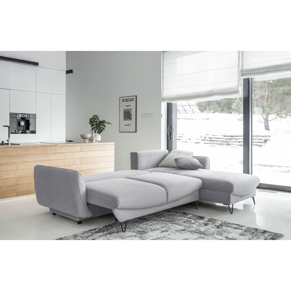 Šviesiai pilkos spalvos iš velveto sulankstoma/su sandėliavimo vieta kampinė sofa (su dešiniuoju kampu/su gultu) Silva – ELTAP-image-2