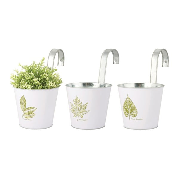3 baltų vazonų su lapų motyvais ir kabliukais pakabinti rinkinys Esschert Design