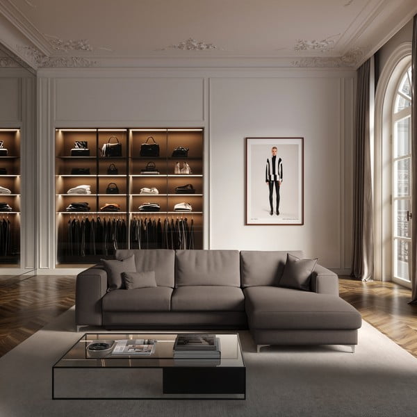 Taupe spalvos iš velveto sulankstoma/su sandėliavimo vieta kampinė sofa (su dešiniuoju kampu/su gultu) Rene – Rodier-image-1