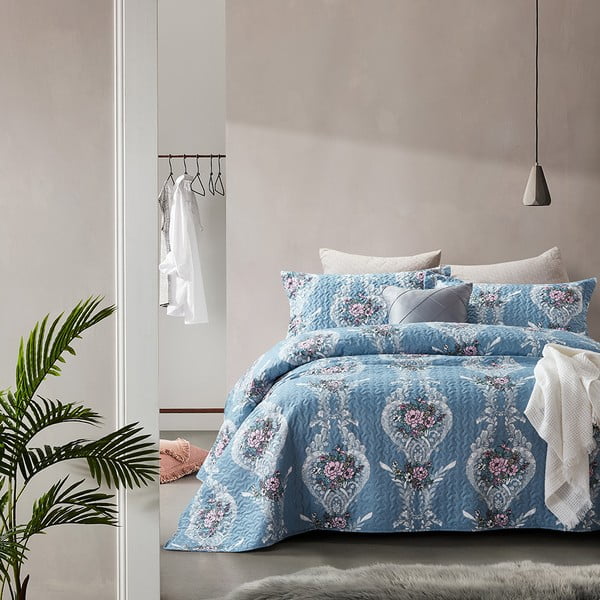 Mėlyna mikropluošto lovatiesė su dviem užvalkalais Sleeptime Retro Flower, 250 x 260 cm
