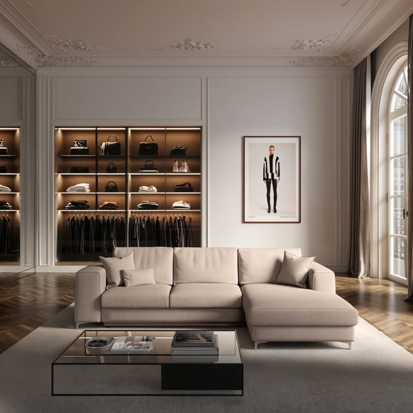 Smėlio spalvos iš velveto sulankstoma/su sandėliavimo vieta kampinė sofa (su dešiniuoju kampu/su gultu) Rene – Rodier-image-1