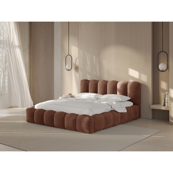 Rudos spalvos dvigulė lova audiniu dengta su sandėliavimo vieta su lovos grotelėmis 160x200 cm Lupine – Micadoni -image-1