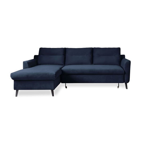 Tamsiai mėlyna velvetinė kampinė sofa-lova Miuform Stylish Stan, kairysis kampas