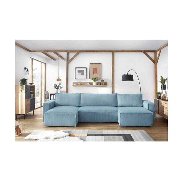 Mėtų spalvos iš kordinio velveto sulankstoma/su sandėliavimo vieta kampinė sofa („U“ formos) Nihad – Bobochic Paris-image-1