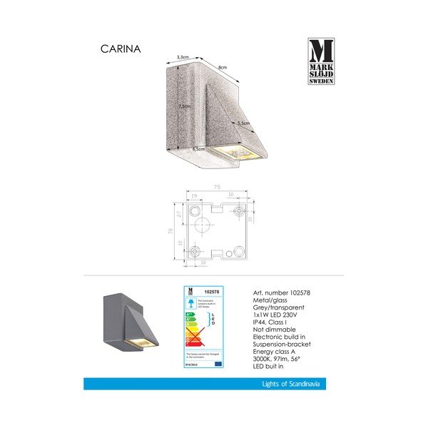 Pilkas sieninis šviestuvas Markslöjd Carina, 8 x 7,5 cm-image-1