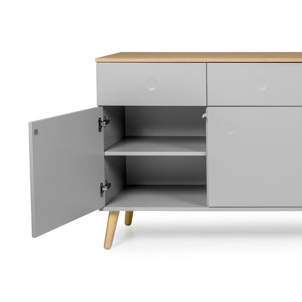 Pilkos spalvos keturių durų spintelė su ąžuolinėmis kojomis ir 4 stalčiais Tenzo Dot-image-3