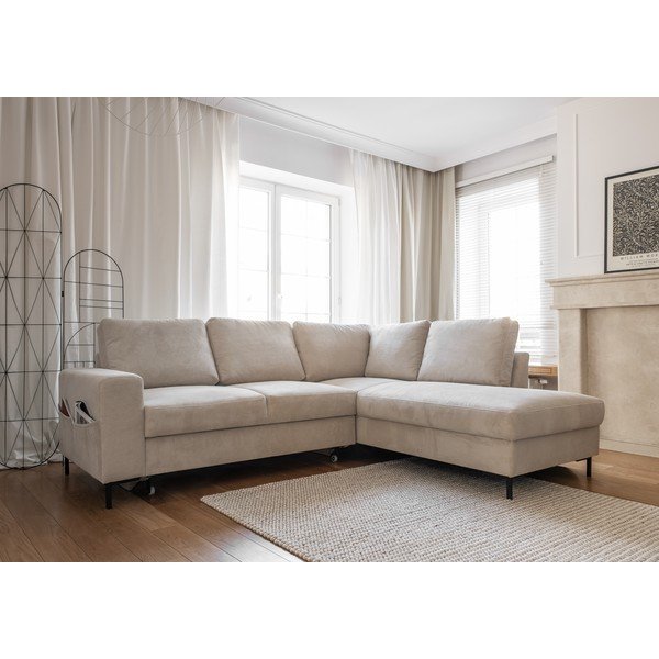 Iš kordinio velveto sulankstoma kampinė sofa smėlio spalvos (su dešiniuoju kampu) Lofty Lilly – Miuform-image-3