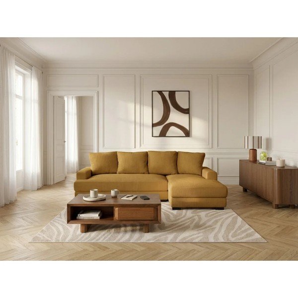 Geltonos spalvos sulankstoma/su sandėliavimo vieta kampinė sofa iš kordinio velveto (su dešiniuoju kampu/su gultu) Campi – Bobochic Paris-image-1