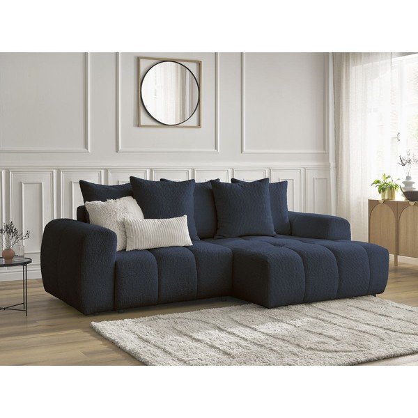 Mėlynos spalvos sulankstoma/su sandėliavimo vieta kampinė sofa iš boucle (su dešiniuoju kampu/su gultu) Roxelane – Bobochic Paris-image-4
