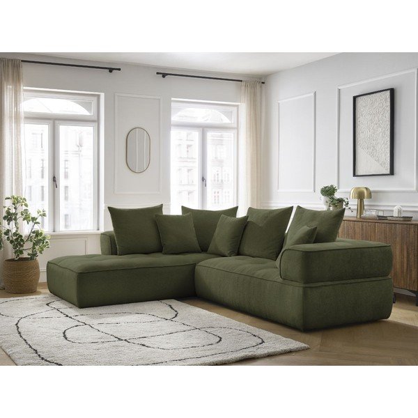 Žalios spalvos iš šenilinio audinio kampinė sofa (su kairiuoju kampu/„L“ formos) Whesley – Bobochic Paris-image-1