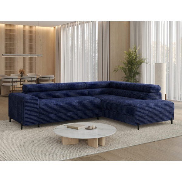 Tamsiai mėlynos spalvos kampinė sofa iš kordinio velveto (su dešiniuoju kampu/„L“ formos) Colesio – ELTAP-image-1