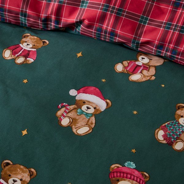 Raudonos spalvos/tamsiai žalios spalvos viengulė patalynė 150x120 cm Christmas Tartan Teddy Bear – Catherine Lansfield-image-2