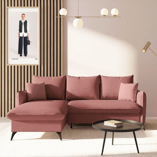 Rožinės spalvos sulankstoma/su sandėliavimo vieta kampinė sofa (su kairiuoju kampu/su gultu) Brim – Rodier-image-1