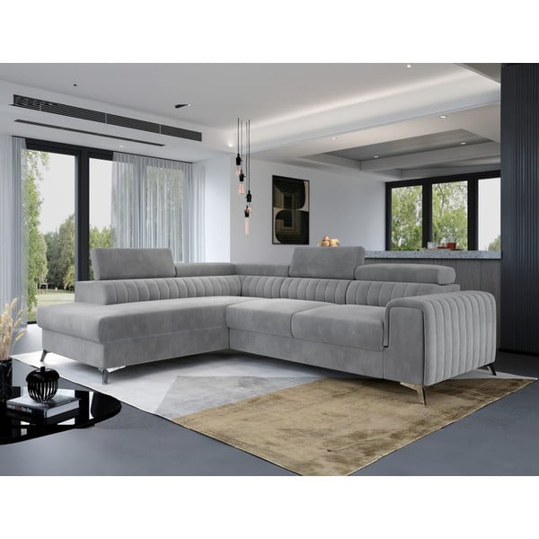 Pilkos spalvos iš velveto sulankstoma/su sandėliavimo vieta kampinė sofa (su kairiuoju kampu/„L“ formos) Laurence – ELTAP-image-4