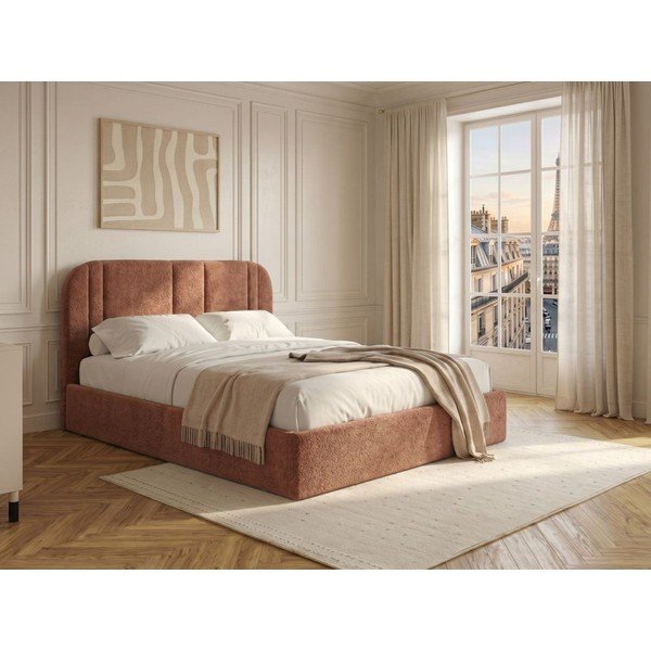Rožinės spalvos dvigulė lova audiniu dengta su sandėliavimo vieta su lovos grotelėmis 180x200 cm Sidney – Bobochic Paris-image-1