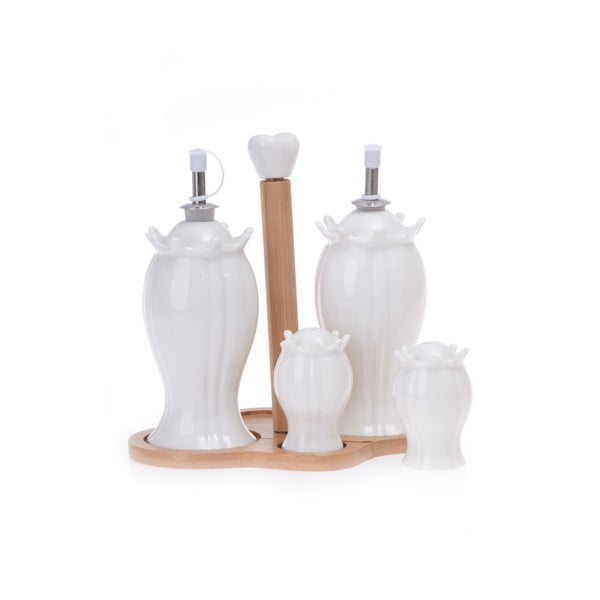 Porcelianinių pipirinių puodelių, šiaudelių ir 2 aliejaus butelių rinkinys ant bambukinio padėklo "Marinos