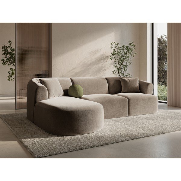 Šviesiai rudos spalvos kampinė sofa iš velveto (su kairiuoju kampu/su gultu) Campi – Cosmopolitan Design-image-1