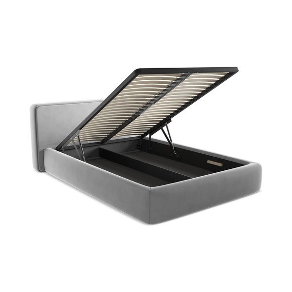 Pilkos spalvos dvigulė lova audiniu dengta su sandėliavimo vieta su lovos grotelėmis 140x200 cm Kiana – Makamii-image-3