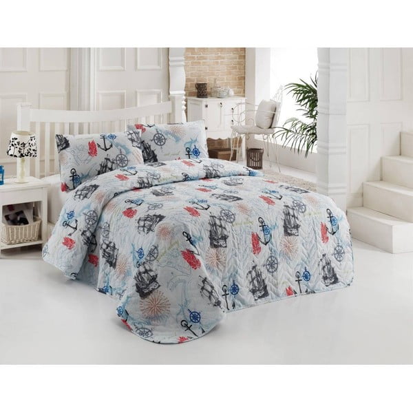 Dygsniuotas lovos užvalkalas su pagalvių užvalkalais Marine Turquoise, 200x220 cm