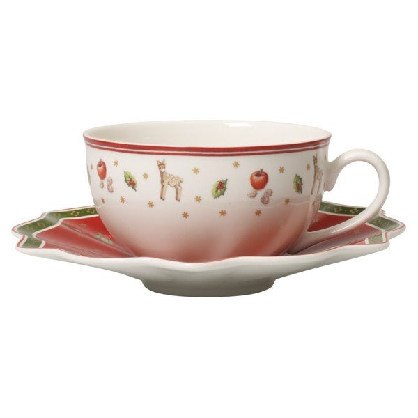 Raudonai baltas porcelianinis puodelis su lėkštele Villeroy & Boch, 0,3 l