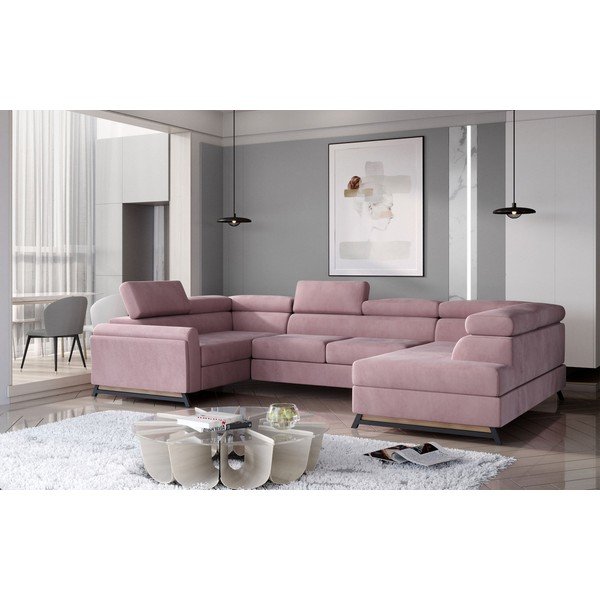 Rožinės spalvos iš velveto sulankstoma/su sandėliavimo vieta kampinė sofa (su dešiniuoju kampu/„U“ formos) Escada – ELTAP-image-1