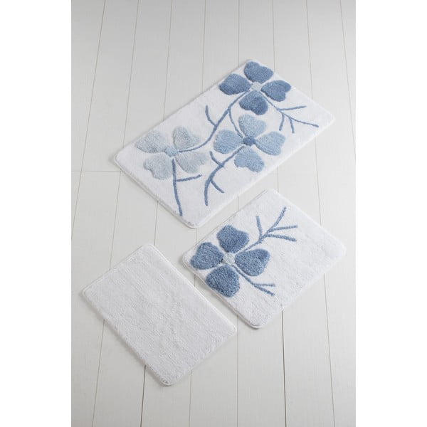 3 mėlynos ir baltos spalvos vonios kambario kilimėlių rinkinys Gėlės