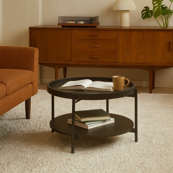 Juodos spalvos apvalios formos kavos staliukas iš ąžuolo ø 64 cm Hagen – Bonami Essentials-image-4