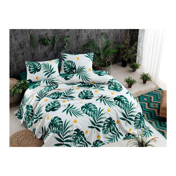 Medvilninės lovos užvalkalo, paklodės ir 2 užvalkalų rinkinys Monstera Green, 200 x 235 cm