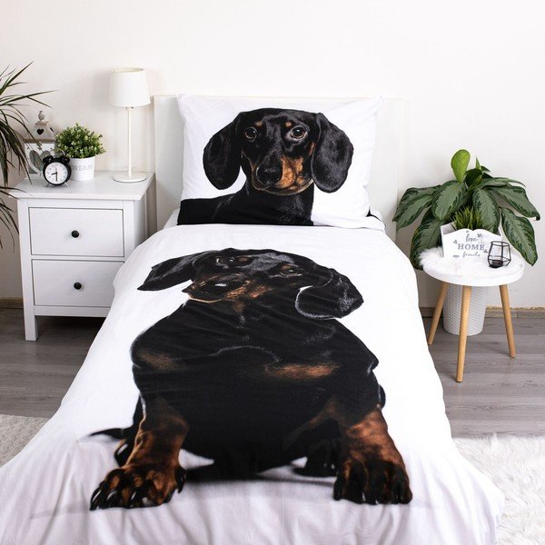 Juodos ir baltos spalvos iš medvilnės viengulė vaikiška patalynė 140x200 cm Dachshund – Jerry Fabrics-image-1