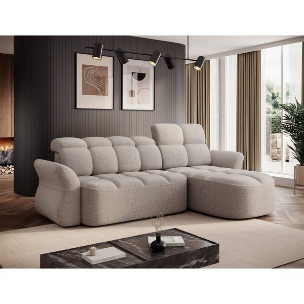 Smėlio spalvos iš boucle sulankstoma/su sandėliavimo vieta kampinė sofa (su dešiniuoju kampu/su gultu) Beneth – ELTAP-image-1