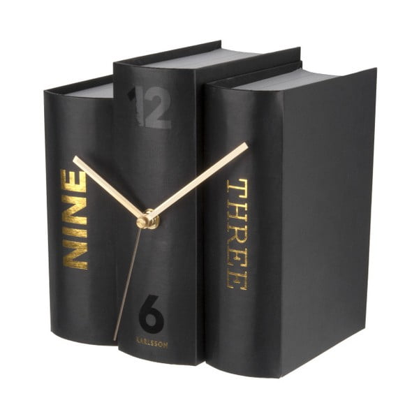 Juodos spalvos stalinis laikrodis, vaizduojantis knygas Karlsson