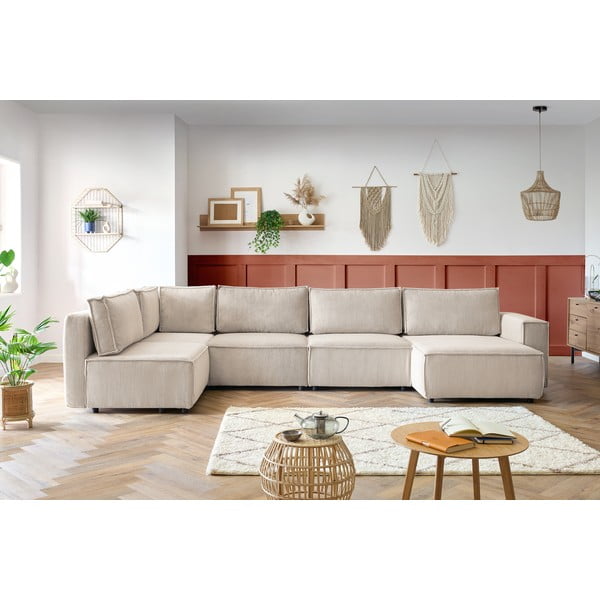 Kampinė sofa kreminės spalvos iš kordinio velveto (su kairiuoju kampu/„U“ formos) Nihad modular – Bobochic Paris-image-1