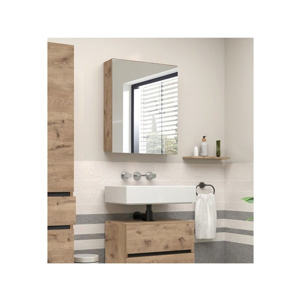 Pakabinama/su veidrodžiu vonios daiktadėžė natūralios spalvos iš ąžuolo 60x70 cm Wisla – Støraa-image-4