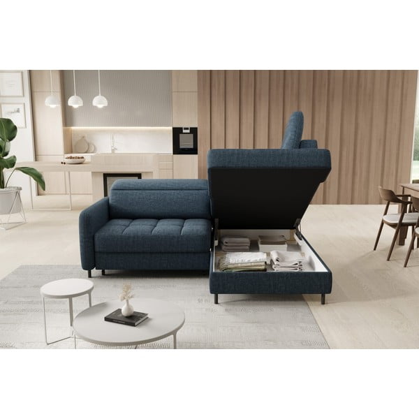 Mėlynos spalvos iš velveto sulankstoma/su sandėliavimo vieta kampinė sofa (su dešiniuoju kampu/„L“ formos) Barea – ELTAP-image-4