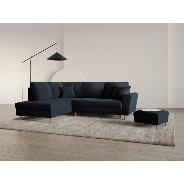 Tamsiai mėlynos spalvos iš velveto sulankstoma/su sandėliavimo vieta kampinė sofa (su kairiuoju kampu/„L“ formos) Kyoto – Cosmopolitan Design-image-1