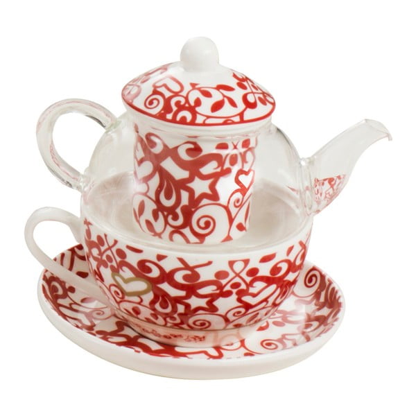 Arbatinuko, puodelių su padėklu ir sieteliu arbatai iš "Brandani Abbracci Heart" kaulinio porceliano rinkinys