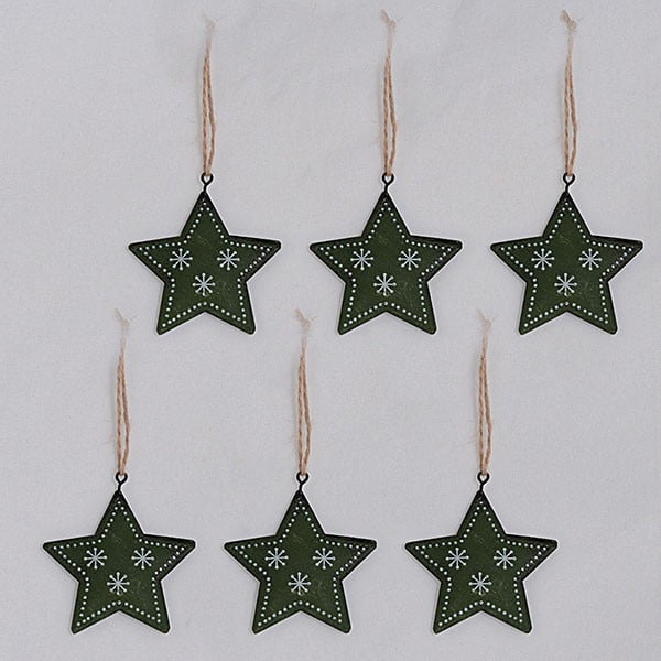 Metalinės pakabinamos dekoracijos, žalios žvaigždutės, 6 vnt.